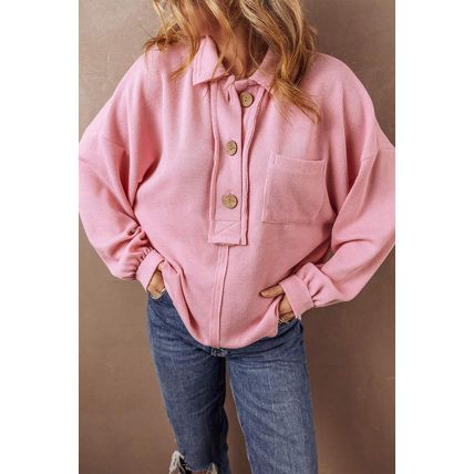 Pink Ribbed Knit Collared Henley Top with Chest Pocket