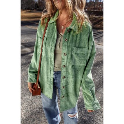 Mist Green Patched Pocket Button Up Corduroy Shacket