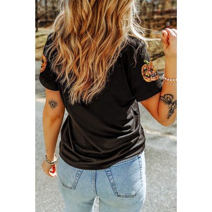 Black Sequin Pumpkin Face Halloween T Shirt