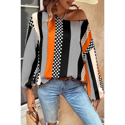 Orange Polka Dot Vertical Striped Printed Puff Sleeve Blouse
