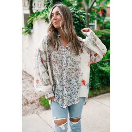 Purple Boho Floral Bishop Sleeve Button Up Loose Shirt