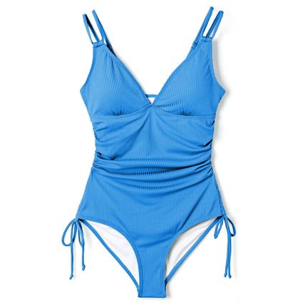 Sky Blue Adjustable Straps Ribbed Knit One Piece Swimsuit