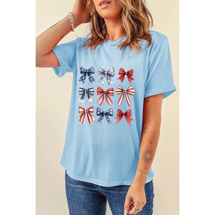 Light Blue Independence Day Bowknot Graphic Tee