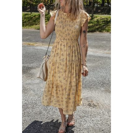 Yellow Boho Floral Print Ruffle Smocked Flowy Summer Dress