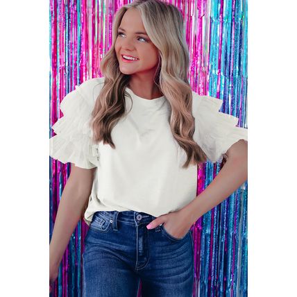 White Tulle Ruffle Sleeve Blouse