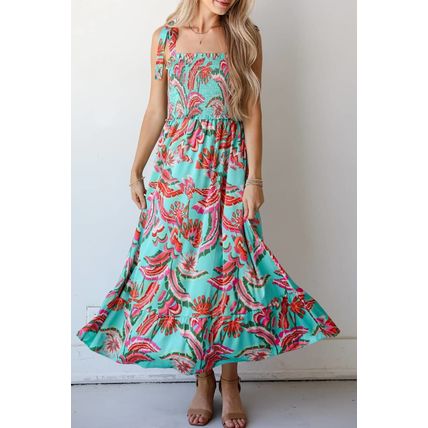 Green Abstract Print Smocked Bodice Knotted Straps Ruffled Maxi Dress