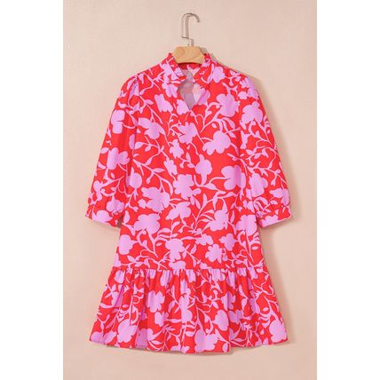 Red Floral Three Quarter Sleeves Ruffle Hem Mini Dress