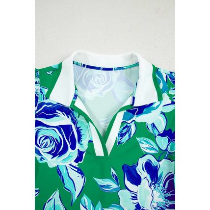 Bright Green Contrast Floral Print Collared V Neckline Ruffled Cap Sleeve Shift