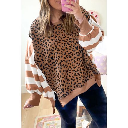 Khaki Stripe Color Block Patchwork Leopard Casual Sweatshirt with Slits