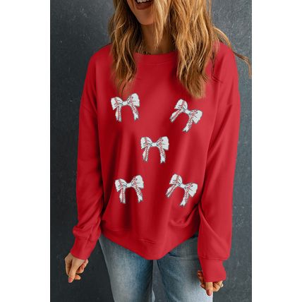 Red Sequined Baseball Bow Graphic Plus Size Sweatshirt