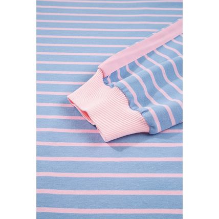 Sky Blue Stripe Oversize Contrast Trim Drop Shoulder Casual Top