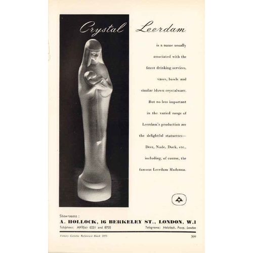 a hollock 1953 crystal leerdam madonna statuette glass vintage ad