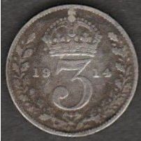 Coins. Pre-Decimal 1914 George V. Silver Three Penny Coin