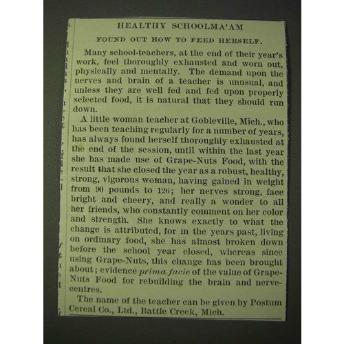 1900 Post Grape-Nuts Cereal Ad - Healthy Schoolma'am found out how to feed