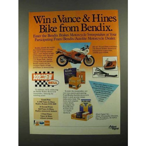 1988 Bendix Motorcycle Brake Pads Ad - Vance & Hines