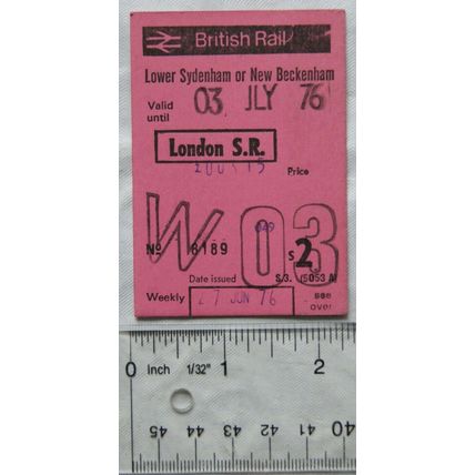 1976 ticket British Rail Lower Sydenham or New Beckenham to London SR