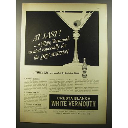 1954 Cresta Blanca White Vermouth Advertisement - At last!