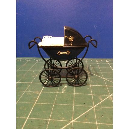 Dark Blue Dressed Pram 1:12th Dolls House Miniature