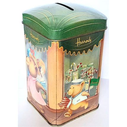 VINTAGE TIN MONEY BOX - HARRODS SHOP - BEARS SHOPPING - 14 x 7 cm - GOOD