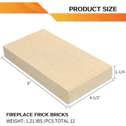 12PCS Woodstove Firebricks, Fire Bricks, Size 9" X 4-1/2" X 1-1/4", Fire Bricks