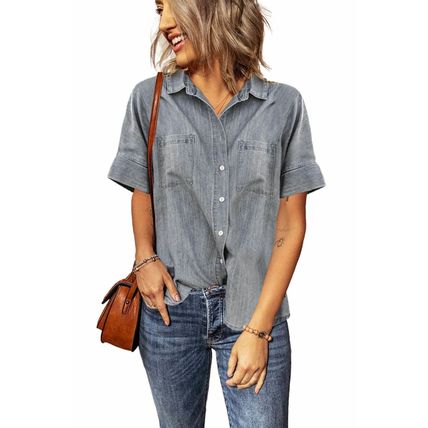 Turn-down Collar Short Sleeve Denim Shirt