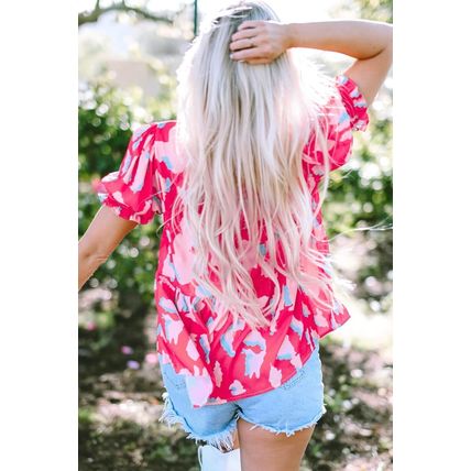 Rose Abstract Print Smocked Puff Sleeve V Neck Blouse