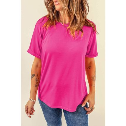 Rose Red Casual Plain Crew Neck Tee