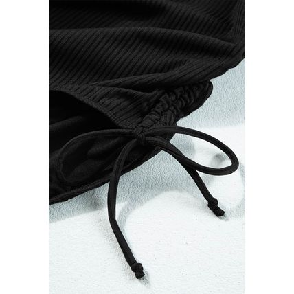 Black Ribbed Drawstring Sides Cutout One Piece Swimsuit