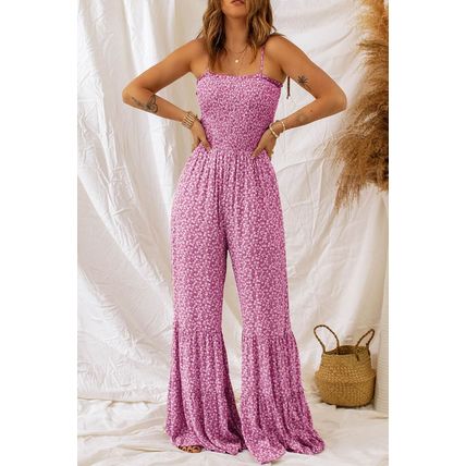 Phalaenopsis Thin Straps Smocked Bodice Wide Leg Floral Jumpsuit