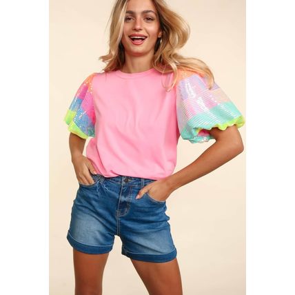 Pink Sequin Colorblock Striped Puff Sleeve Top