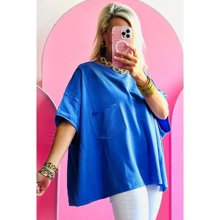 Blue Patched Pocket Exposed Seam Oversize T-shirt
