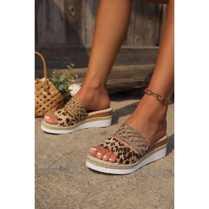 Chestnut Leopard Print Braided Details Wedge Slippers