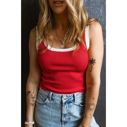 Fiery Red Colorblock Edge Ribbed Knit U Neck Tank Top