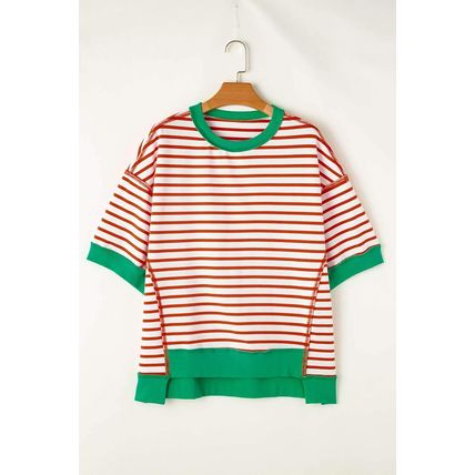Orange Stripe Oversized Contrast Trim Exposed Seam High Low T Shirt