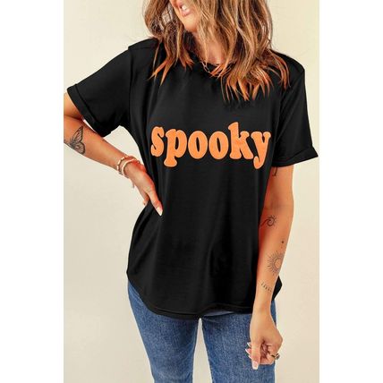 Black Halloween Spooky Crew Neck Casual Graphic Tee