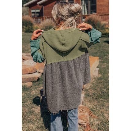 Laurel Green Mixed Textured Colorblock Patchwork Wide Sleeve Frayed High Low Hoo