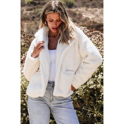 Beige Faux Fur Button Pocketed Lapel Collar Jacket