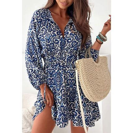 Blue Vintage Print Lace up V Neck Long Sleeve Mini Dress