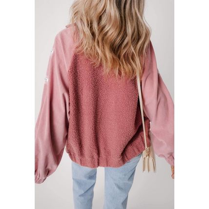 Rose Pink Sherpa Patchwork Lace Elastic Cuff Zip Up Jacket