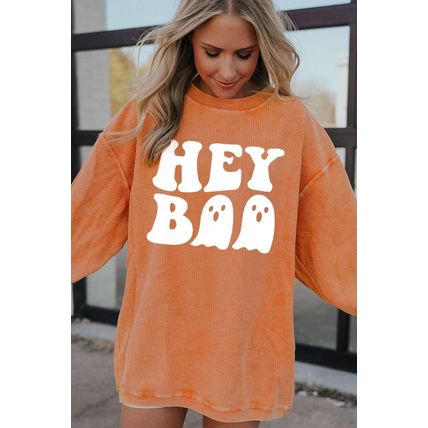 Orange Halloween Hey Boo Ghost Print Loose Sweatshirt