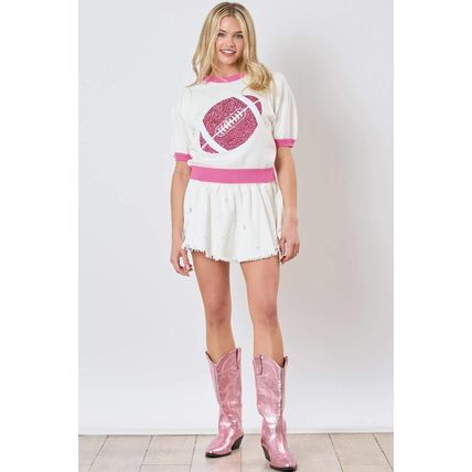Pink Sequin Rugby Color Block Puff Short Sleeve Sweater