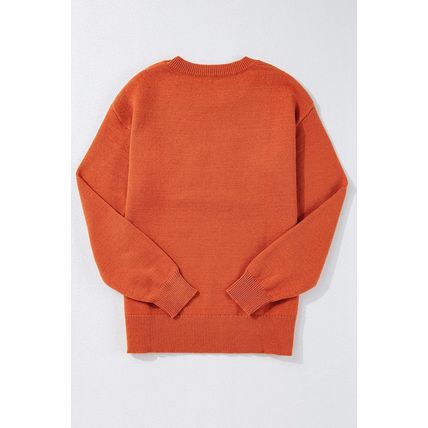 Orange Boo Knitted Pattern Ribbed Edge Drop Shoulder Sweater