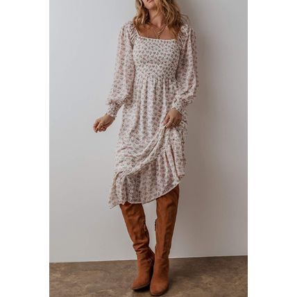 White Floral Print Shirred Ruffled Hem Square Neck Midi Dress
