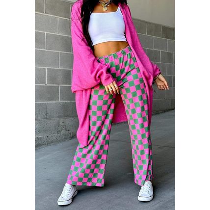 Green 2-Tone Checked Print High Waist Wide Leg Pants