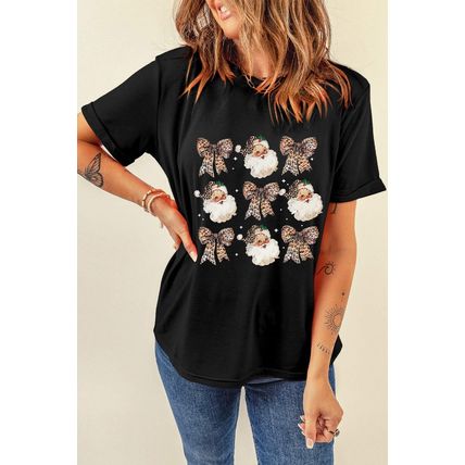 Black Santa Claus Leopard Bow Print Crew Neck Casual T Shirt