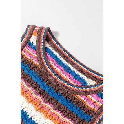 Dark Blue Striped Textured Knit Crew Neck Sweater Vest