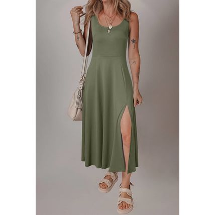 Four Leaf Clover Sleeveless Scoop Neck Flared Split Midi Dress