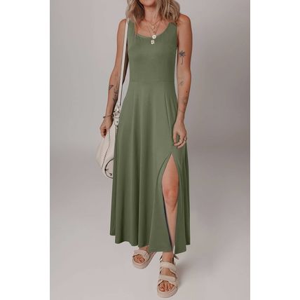Four Leaf Clover Sleeveless Scoop Neck Flared Split Midi Dress