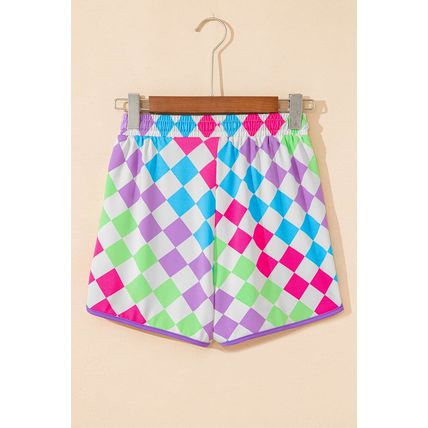 Multicolour Checkered Drawstring Elastic Waist Casual Shorts