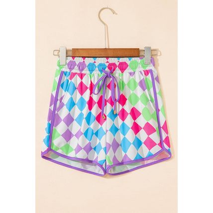 Multicolour Checkered Drawstring Elastic Waist Casual Shorts